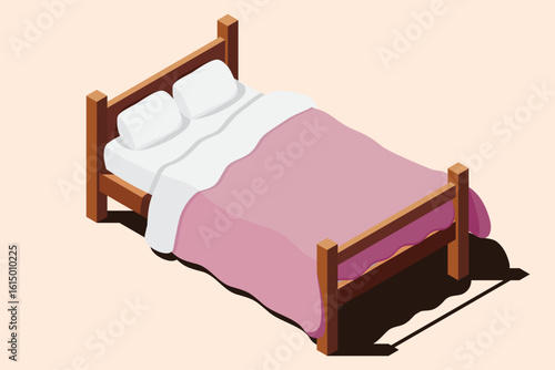 Isometric wooden bed with mattress. 3D isometric bed. Wooden bed frame with mattress, pillow, and blanket. Isometric bedroom furniture