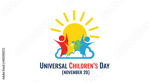 A colorful graphic for Universal Children's Day featuring three joyful, stylized children under a bright sun.