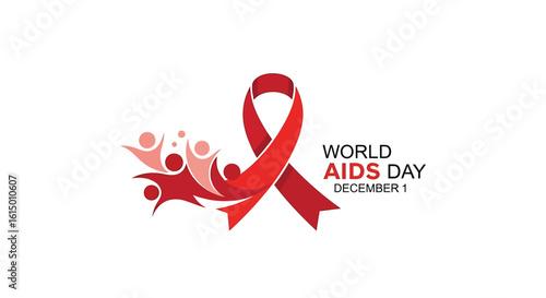 World AIDS Day symbol with a red ribbon and abstract figures representing community support and awareness.