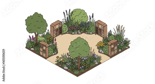 Garden space with flowers and trees, enclosed by decorative fence