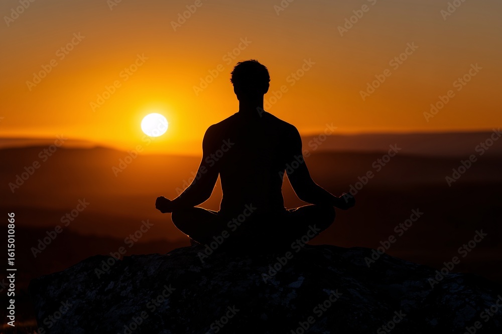 Silhouette of man at mountain sunset, Peaceful yoga meditation, Nature connection and mindfulness theme Silhouette of man at mountain sunset, Peaceful yoga meditation, Nature connection and mindfulness theme