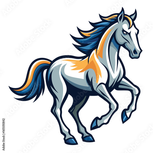 Powerful Running Horse Cartoon Illustration with Blue Mane and Tail on a White Background
