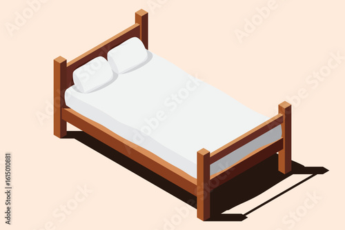 Isometric wooden bed with mattress. 3D isometric bed. Wooden bed frame with mattress and pillow. Isometric bedroom furniture