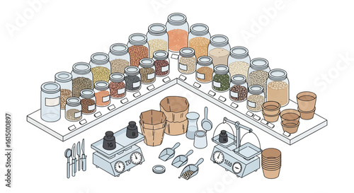Bulk food store display with jars, scales, and containers