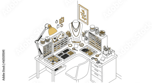 Jewelry making workspace with beads and tools