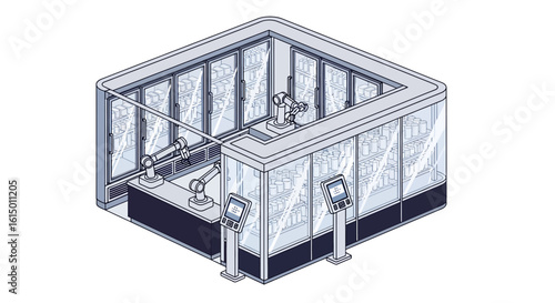 Automated warehouse robotics system with shelves and controls