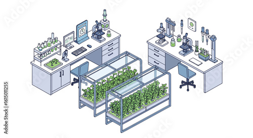 Laboratory workspace with plants and scientific equipment