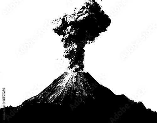 Monochrome Illustration of a Volcano Erupting Smoke against a White Background