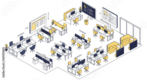 Modern office workspace with desks and meeting area