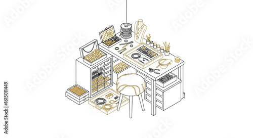 Jewelry making workspace with beads and tools