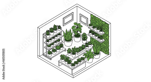 Indoor plant shop isometric room with shelves and greenery