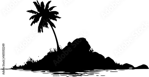 Silhouette of Tropical Island with Palm Tree and Vegetation Against White Background