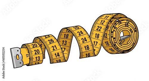 A yellow measuring tape is coiled and partially extended, showing numerical markings against a white background.