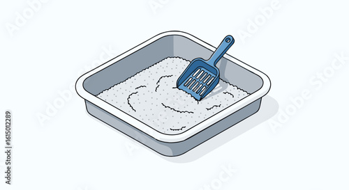 Illustration of a cat litter box filled with litter and a blue scoop resting inside, isolated on a white background.