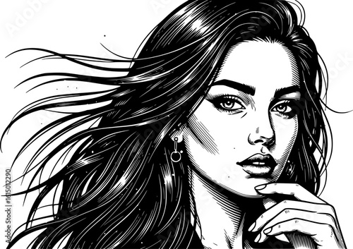 Beautiful girl with flowing hair. Monochrome vector illustration. EPS version.
