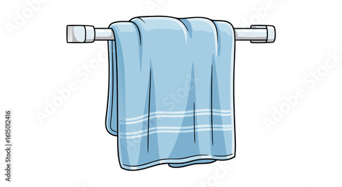 A light blue towel hangs neatly on a silver towel rack, showcasing its soft texture and clean presentation.