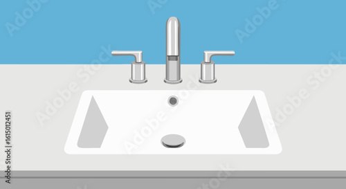 White sink with chrome faucet fixtures on a light countertop.