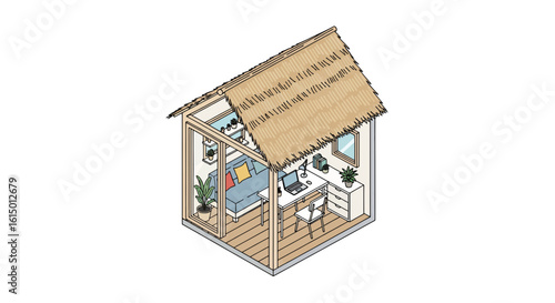 Cozy hut interior with workspace and seating area