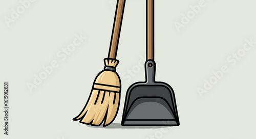Cartoon illustration of a broom and dustpan, ready for cleaning.