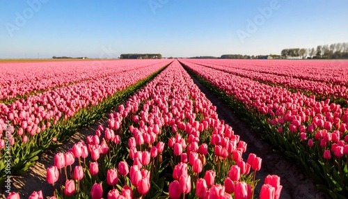 Expansive field of pink tulips stretching to the horizon under a clear blue sky