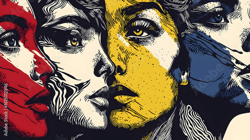 Close-up of three women's faces, stylized in bold colors and intricate linework.  Intense expressions,  with  overlapping  portions,  emphasizing  emotional  intensity