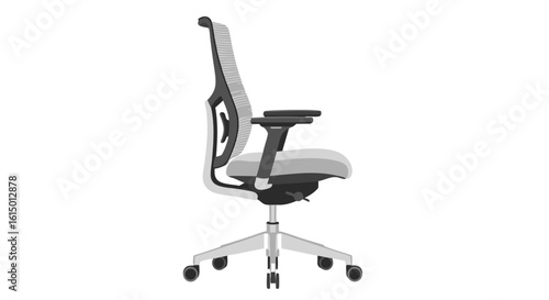 Ergonomic office chair, side profile view, adjustable armrest, contemporary design.