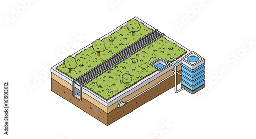 Green roof system diagram showing drainage and vegetation