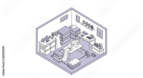 Sewing room interior with fabrics and equipment