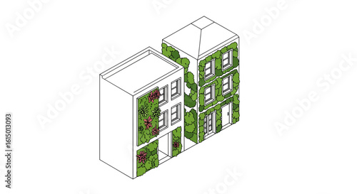 Green building facade with flowers isometric view