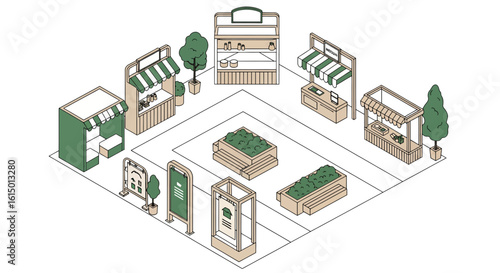 Urban space layout with kiosks and planters flat style