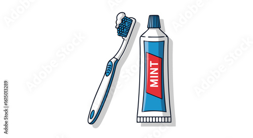 Illustration of a toothbrush with toothpaste and a tube of mint toothpaste.