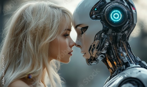 Human versus AI concept, featuring a blonde female confronting an AI robot, symbolizing the growing tensions and possibilities of artificial intelligence in society, Generative AI