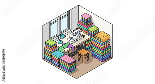 Sewing room interior with fabrics and sewing machine