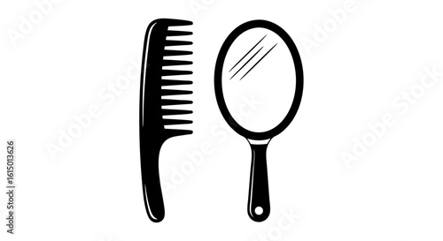 Black and white illustration of a hairbrush and hand-held mirror.