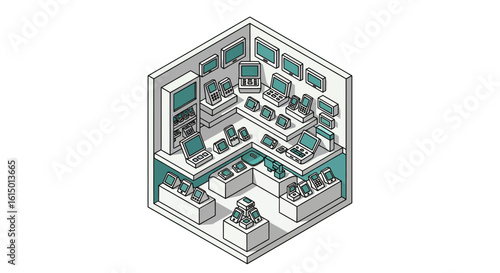 Electronics store interior isometric view devices display