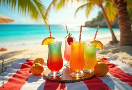 vibrant beach towel colorful cocktails relaxation tropical vibe fun summer chillin outdoors sunshine escape, palm, sand, umbrella, island, drink, refreshment