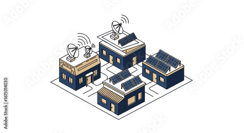 Modern houses with solar panels and satellite dishes