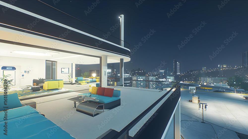 Obraz premium Rooftop terrace overlooking a city at night. Modern, open-air living space with comfortable seating and a view of urban skyline