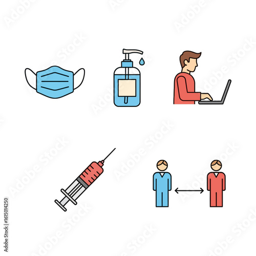 Colorful line icons set face mask sanitizer vaccine syringe social distancing and remote work.