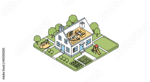 House with garden and park, residential neighborhood scene