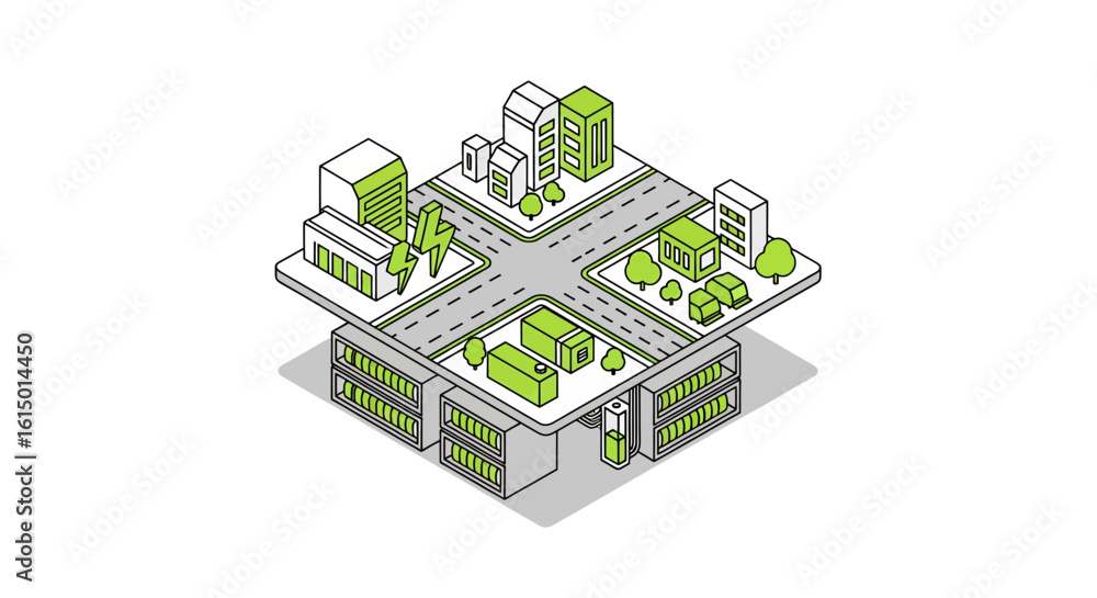 Fototapeta premium Isometric city intersection with buildings and roads
