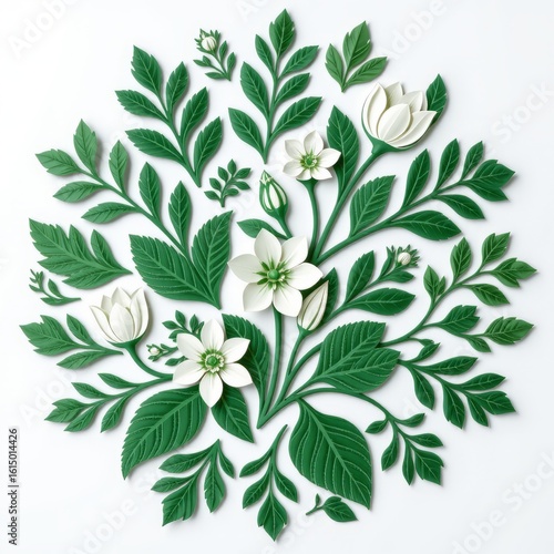 deep green floral paper cut artwork with bold leafy shapes and tulip-like flowers in a dense, circular composition, clean white background