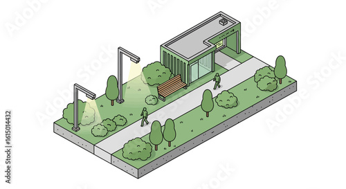 Park pathway with building, benches, and streetlights