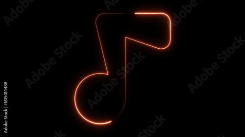 Glowing orange neon eighth note symbol pulsing with energy on a dark black background representing music sound melody