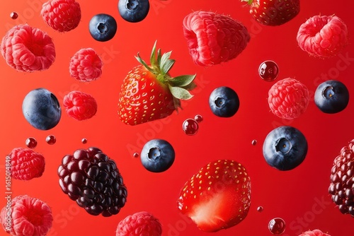 Strawberries and blueberries floating on vibrant red background