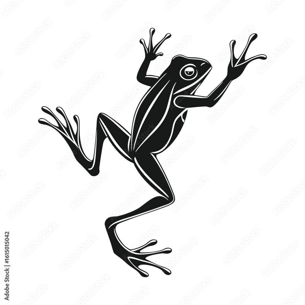Fototapeta premium Black Frog Silhouette with Outstretched Limbs on White Background