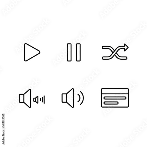 Minimalist black line art icon set for media player controls including play pause shuffle volume and playlist symbols.