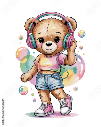 Watercolor style illustration of a trendy teddy bear girl in pink headphones, pastel outfit, and sneakers, immersed in music. Transparent background with soft pastel bubbles