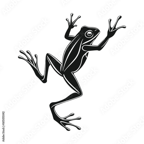 Black Frog Silhouette with Outstretched Limbs on White Background