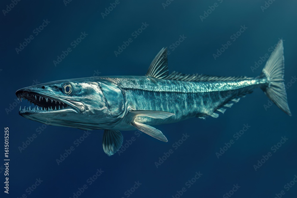 Fototapeta premium Sharp-toothed barracuda swimming with intense gaze